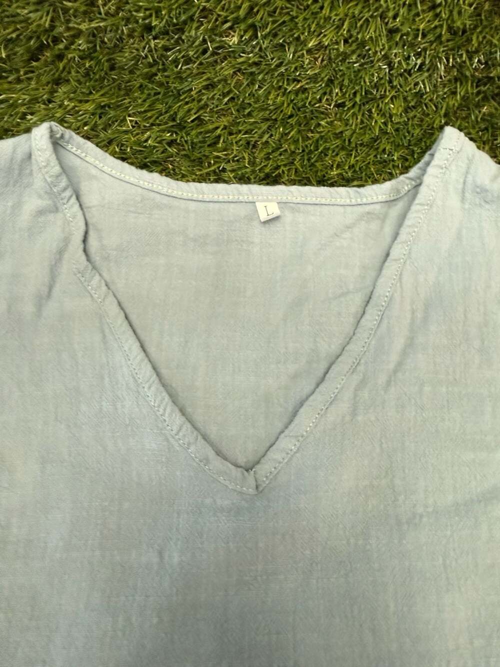 Women's Light Blue V-Neck 3/4 Sleeve Linen Blouse Shirt Size L